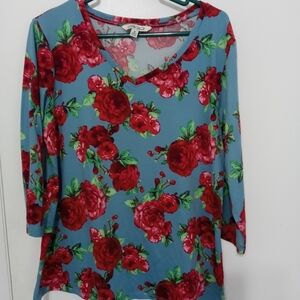 The Pioneer Woman Floral Boho jersey knit stretch Long Sleeve V Neck Blouse